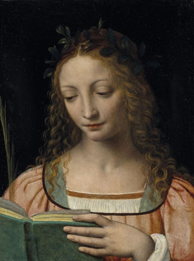Figure of saint, in bust, with a palm and reading the scriptures by Bernardino Luini