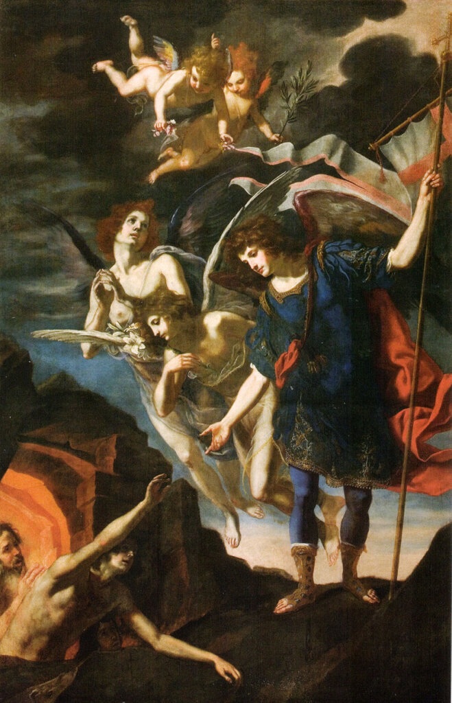 The Archangel Michael reaching to free souls from Purgatory, by Jacopo Vignali, 17th century