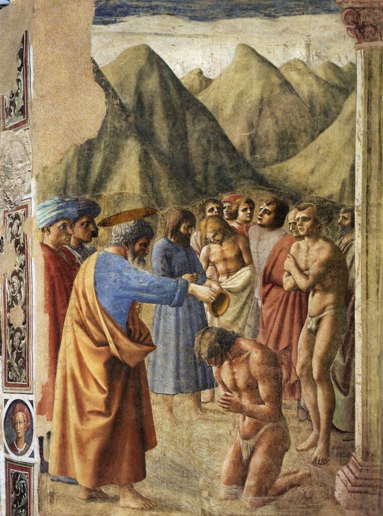 The Baptism of the Neophytes by Masaccio
