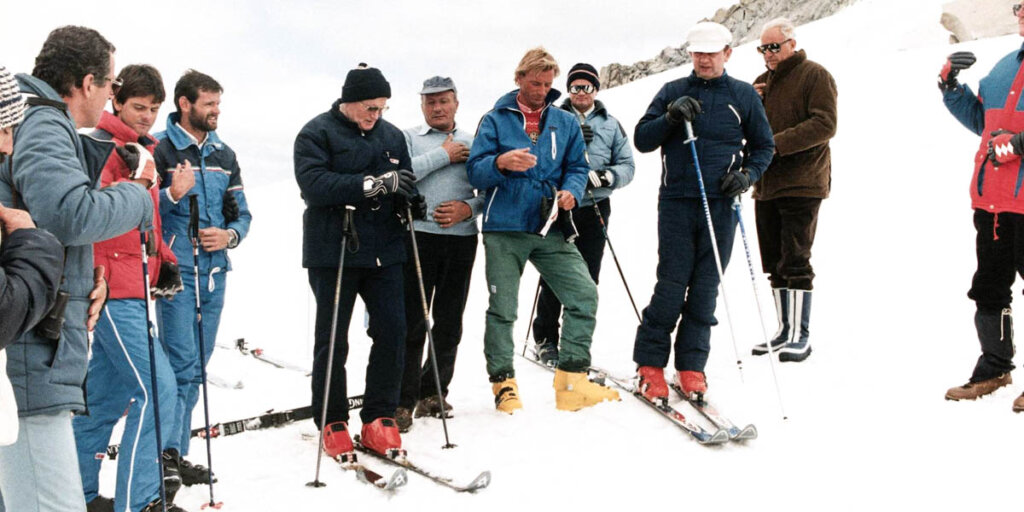 Pope John Paul II skiing with companions