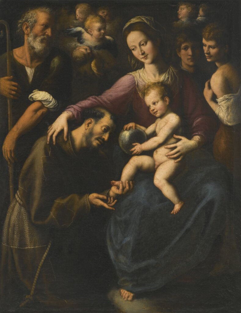 The Holy Family with Saint Francis of Assisi adoring the Christ Child by Fabrizio Santafede
