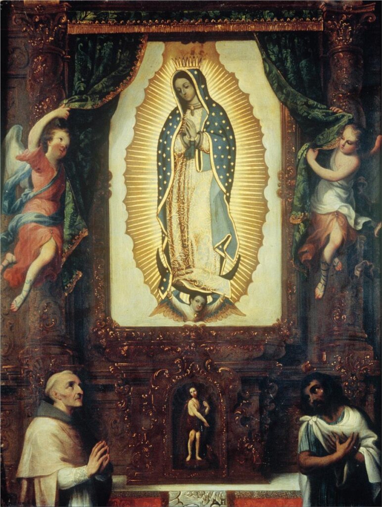 Altarpiece of the Virgin of Guadalupe with Saint John the Baptist, Fray Juan de Zumárraga and Juan Diego by Miguel Cabrera