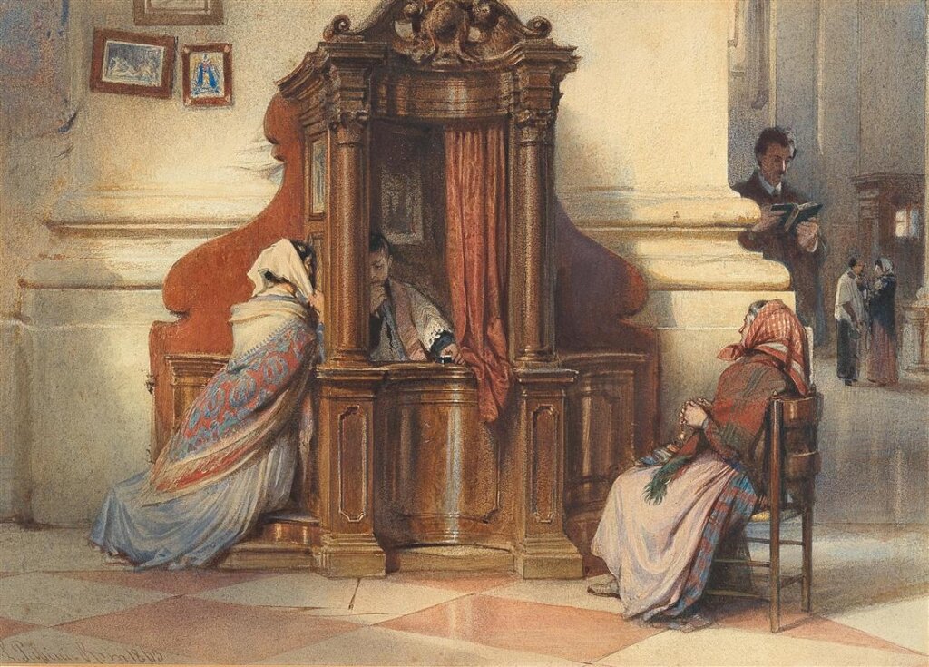 A church interior with women at the confessional by Ludwig Passini