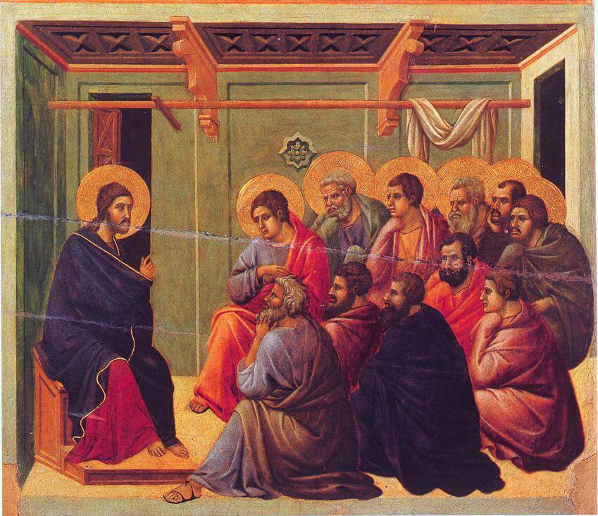 Jesus promising to send the Holy Spirit upon the Apostles. By Duccio, 1308–1311