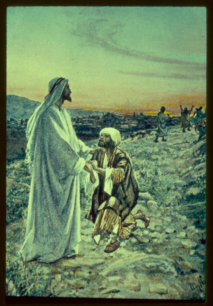 Hole, William, 1846-1917. Title: Luke 17:11-19. Jesus, having cleansed ten lepers, is grieved that but one returneth to give thanks, and he a stranger
