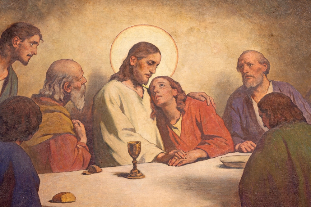 Detail of Last supper fresco in Herz Jesu church from beginning of 20th century by author with initials F.Z.