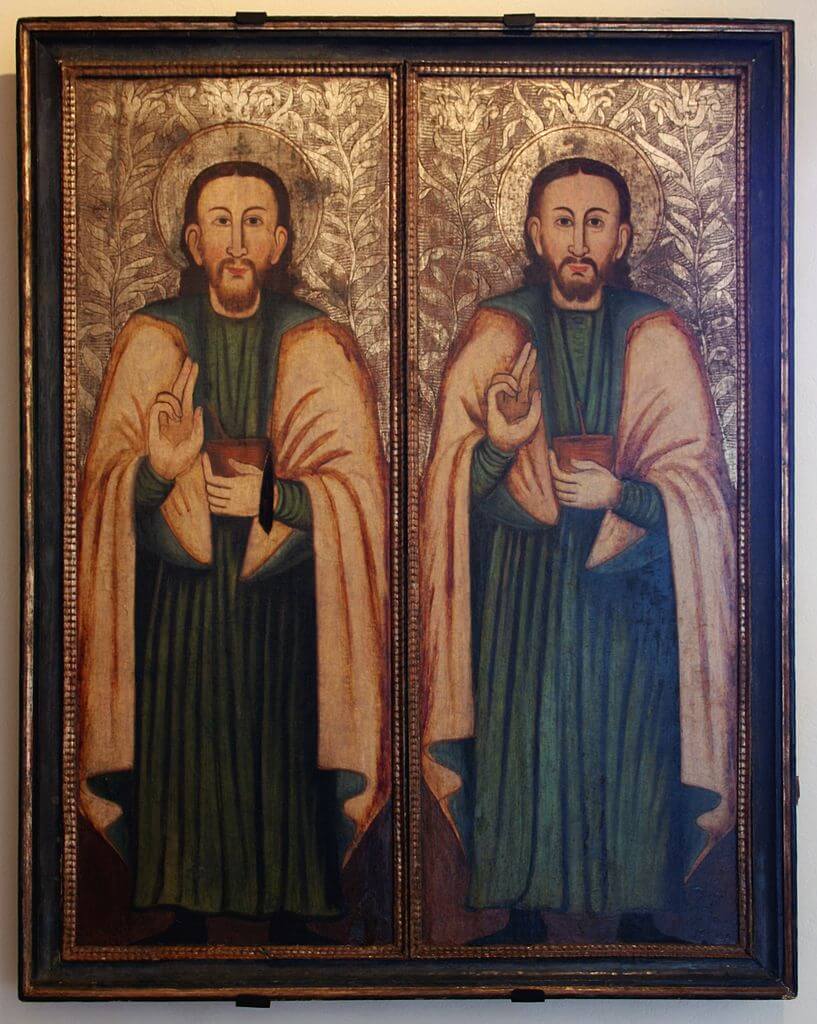 Saints Cosmas and Damian. A 17th century icon, Historic Museum in Sanok, Poland. US:PD